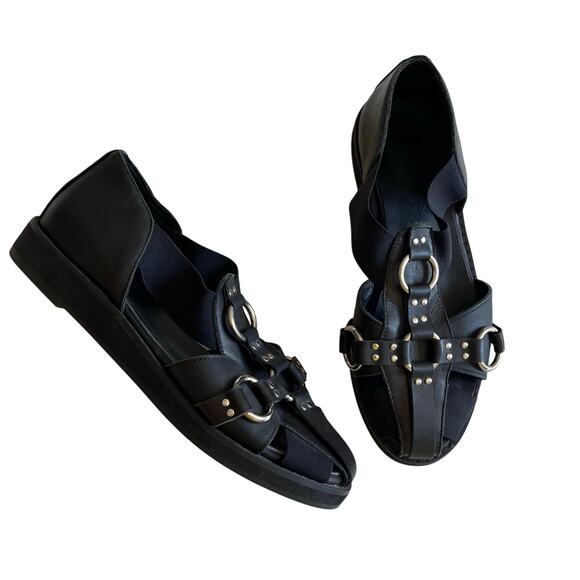 UNIF Black Strappy Silver Hardware Sandal Loafer Like Shoe Wmns Sz 7 Grunge Goth - Picture 1 of 9